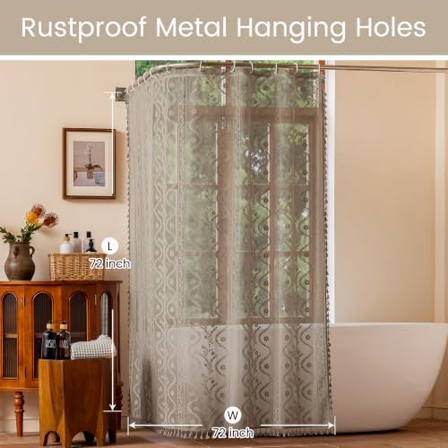 WAZZIO Taupe Lace Shower Curtain for Bathroom 72" W x 72" L, Victorian Farmhouse Floral Pattern Tassel Fancy Shower Curtain Boho Washable Cloth Decorative Bath Curtains,1 Panel