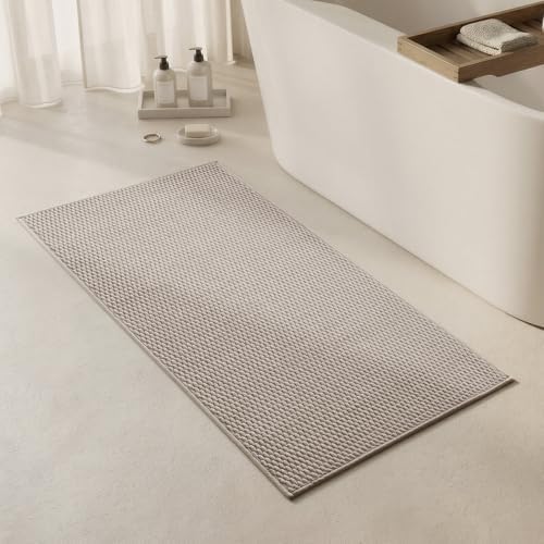 Triohero Bathroom Rugs Non Slip Washable, Super Absorbent Thin Bath Mat Quick Dry Low Pile Bathroom Rug, Beige 24"x47"
