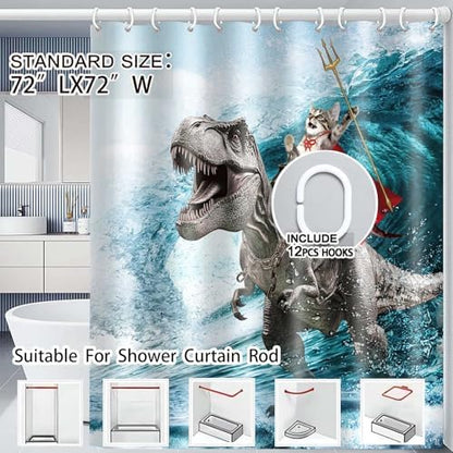 Funny Cat Shower Curtain, Cool Cat Dinosaur Japanese Ocean Wave Shower Curtain, Cat Riding Dinosaur Fun Shower Curtain Nautical Kids Children Rustic Wooden Farmhouse Shower Curtain, 72X84inch, Blue