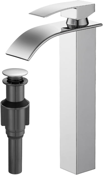 RUMOSE Tall Polished Chrome Bathroom Faucet with Pop Up Drain Modern Single Handle One Hole Bathroom Vessel Sink Faucet Waterfall Spout Rv Lavatory Vanity Faucet Deck Mount Mixer Tap, Stainless Steel