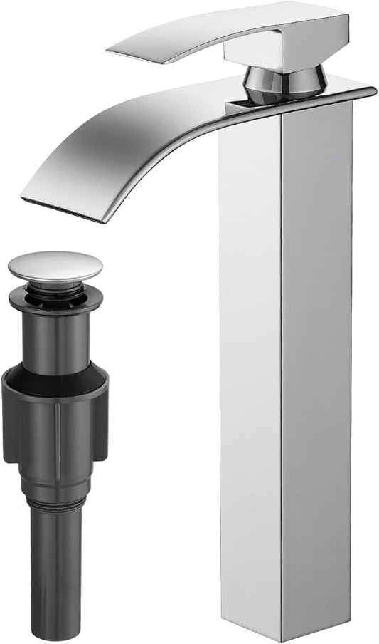 RUMOSE Tall Polished Chrome Bathroom Faucet with Pop Up Drain Modern Single Handle One Hole Bathroom Vessel Sink Faucet Waterfall Spout Rv Lavatory Vanity Faucet Deck Mount Mixer Tap, Stainless Steel