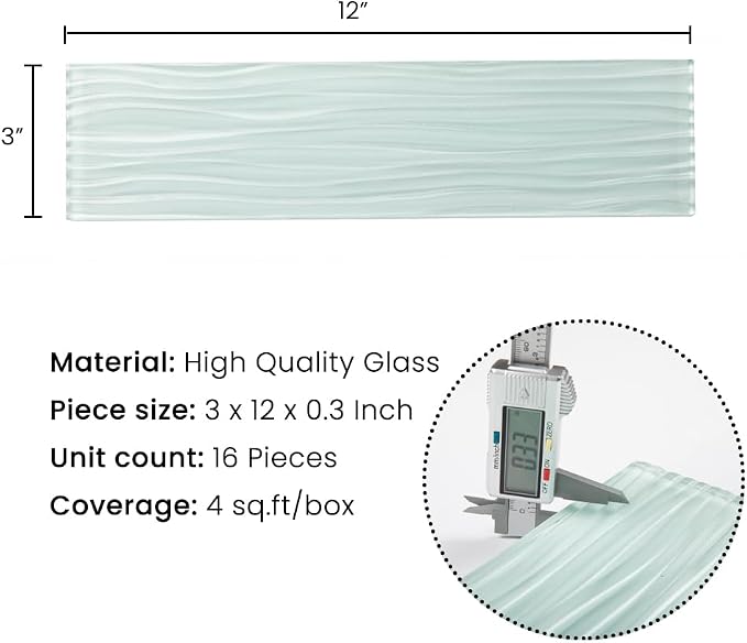 Light Green Glass Subway Tile Water Wave 3 x 12 Inch | Glass Tile for Backsplash Kitchen Bathroom Shower Wall (16-Pack, 4 sq.ft.)