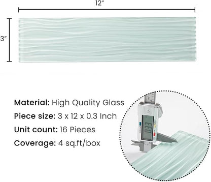 Light Green Glass Subway Tile Water Wave 3 x 12 Inch | Glass Tile for Backsplash Kitchen Bathroom Shower Wall (16-Pack, 4 sq.ft.)