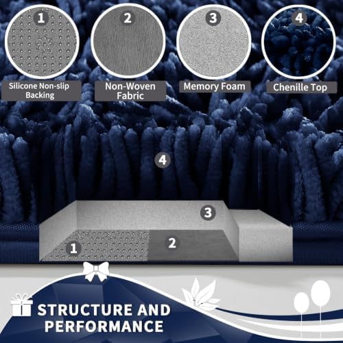 Yimobra Toilet Rugs U Shaped Washable, Extra Thick Soft Absorbent Chenille Contour Bathroom Rugs for Toilet 24x20 Inch, Quick Dry Non Slip Toilet Mat for Bath Floor, Navy Blue