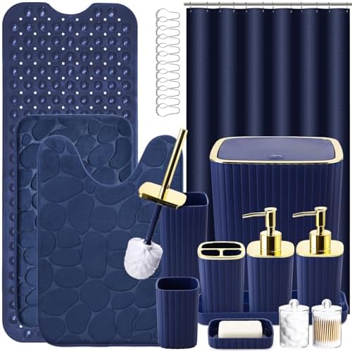 XLHOMO 26PC Bathroom Accessories Set - Gorgeous Blue Bathroom Set, Bathroom Accessory Set, Navy Blue Shower Curtain Set with Bathtub Mats for Shower Tub