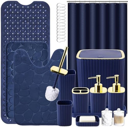 XLHOMO 26PC Bathroom Accessories Set - Gorgeous Blue Bathroom Set, Bathroom Accessory Set, Navy Blue Shower Curtain Set with Bathtub Mats for Shower Tub