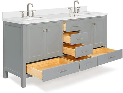 DKB Beckford 72 Inch Bathroom Vanity Double Sink — Grey Bathroom Vanity with Sink, 1.5" Edge Pure White Quartz Countertop & Backsplash, 4 Soft-Close Doors, 6 Dovetail Drawers