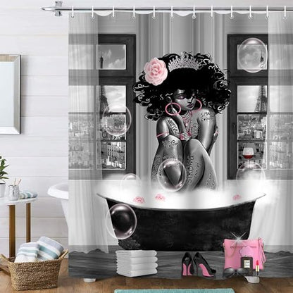 4Pcs African American Shower Curtain Sets with Rugs, Black Girl Shower Curtain for Bathroom Decor Sets with Paris Eiffel Tower Art Pattern, Grey Waterproof juego de baño, with 12 PCS Hooks