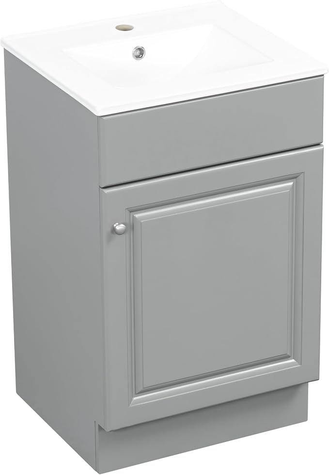 Christopher Knight Home Vanes Wood Frame 20" Bathroom Vanity with Ceramic Sink, Cabinet with Soft-Closing Door Shelf and Adjustable Shelf, Open Back, Metal Hardware, Storage/Organizer, Gray