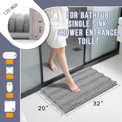 Yimobra Bathroom Rug Mat 32 x 20, Non Slip and Super Absorbent Bath Mat,Machine Washable Quick Dry,Ultra Plush Chenille Shower Rugs for Bathroom Floor Sink Tub and Shower Outside,Gray