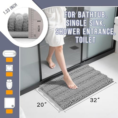 Yimobra Bathroom Rug Mat 32 x 20, Non Slip and Super Absorbent Bath Mat,Machine Washable Quick Dry,Ultra Plush Chenille Shower Rugs for Bathroom Floor Sink Tub and Shower Outside,Gray