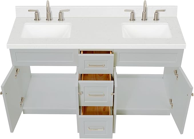 ARIEL Hamlet 60-inch Bathroom Vanity with Sink,Solid Wood, 1.5-inch Carrara White Quartz Countertop & Backsplash, Double Rectangular Porcelain Sink, 4 Soft Closing Doors, 3 Dovetail Drawers, Grey