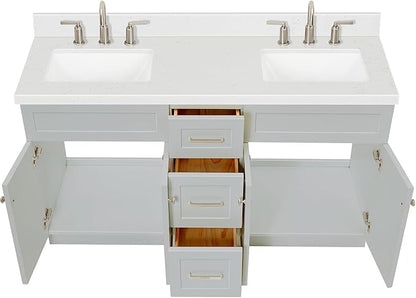 ARIEL Hamlet 60-inch Bathroom Vanity with Sink,Solid Wood, 1.5-inch Carrara White Quartz Countertop & Backsplash, Double Rectangular Porcelain Sink, 4 Soft Closing Doors, 3 Dovetail Drawers, Grey