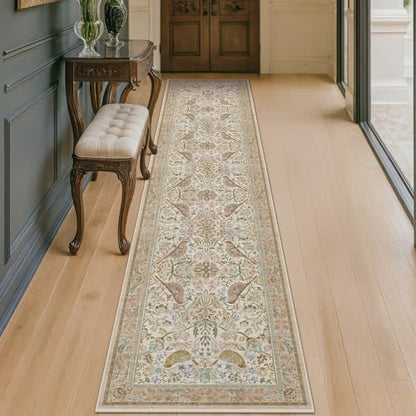 Beige 10 ft Long Vintage Runner Rugs for Hallways - 2x10 Kitchen Runners Non Slip Washable, Low Pile Entryway Rug, with Flowers and Leaves Décor