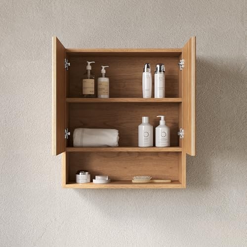 USHOWER Natural Bathroom Wall Cabinet with Fluted Doors & Open Shelf