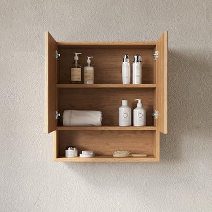 USHOWER Natural Bathroom Wall Cabinet with Fluted Doors & Open Shelf