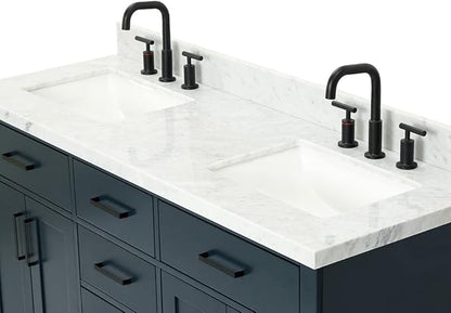 ARIEL Hepburn 60-inch Bathroom Vanity with Sink,Solid Wood, 1.5-inch Italian Carrara Marble Countertop, Double Rectangular Porcelain Sink, 4 Soft Closing Doors, 6 Dovetail Drawers, Midnight Blue