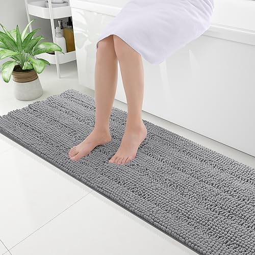 Grandaily Chenille Striped Bathroom Rugs 59x20, Extra Thick and Absorbent Bath Mats, Non-Slip Soft Plush Shaggy Shower Carpet, Machine Wash Dry, Bath Rug for Bathroom, Dark Gray