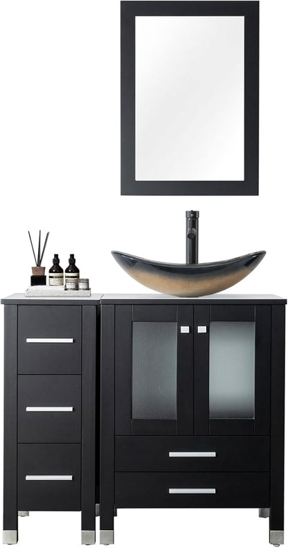 LUCKWIND 36" Bathroom Vanity Combo with Sink, 24"+12.6" Width, Painted Bathroom Storage Cabinet with 5 Drawers, Including Champagne Boat Sink Without Mirror, Black