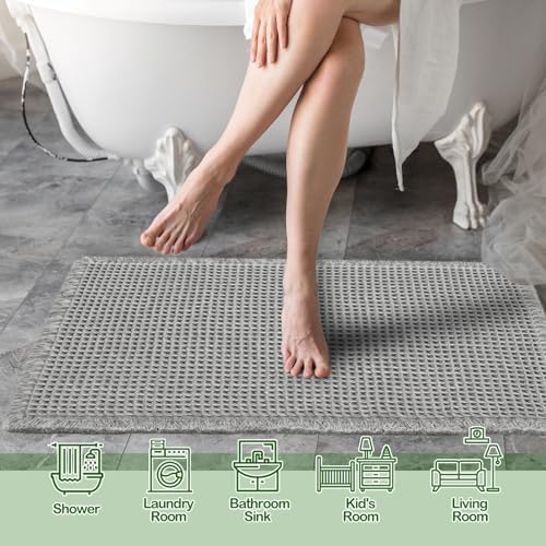 ZALL Grey Waffle Bath Mat,Super Absorbent Non Slip Bathroom Rug,Gray 24x36inch,Machine Washable Ultra Soft Floor Mats