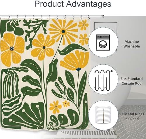 Yellow Green Matisse Flower Shower Curtain 60Wx72L Inch Abstract Retro Aesthetic Minimalist Vintage Art 70s Trendy Modern Bathroom Set Accessories Decor with 12 Pack Hooks