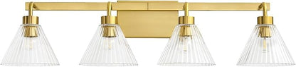 AIJIASI Bathroom Vanity Light Fixtures 4-Light Modern Vanity Lights for Bathroom Brass Gold Bathroom Lighting Fixtures Over Mirror with Ribbed Glass Shade for Bath Restroom 34 Inch