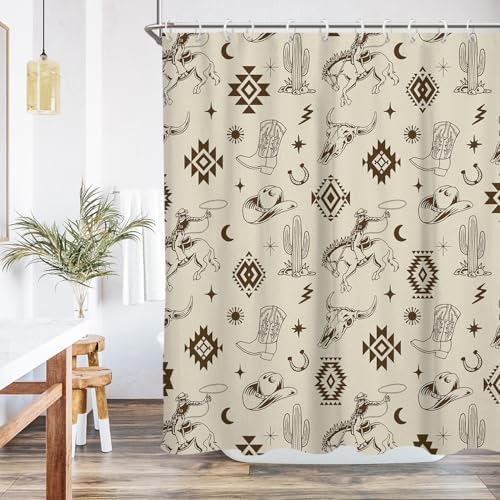 Western Cowboy Shower Curtain, 60x72 Inch, Beige Aztec Horse Cactus Pattern, Rustic Southwestern Tribal Desert Decor, Vintage Country Fabric with 12 Hooks
