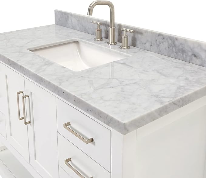 Olivia 48-Inch White Bathroom Vanity with Sink, 1.5" Edge Italian Carrara Marble Countertop & Backsplash, Rectangular Undermount Sink, 2 Soft Closing Doors, 6 Dovetail Drawers, Brushed Nickel