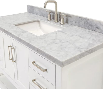 Olivia 48-Inch White Bathroom Vanity with Sink, 1.5" Edge Italian Carrara Marble Countertop & Backsplash, Rectangular Undermount Sink, 2 Soft Closing Doors, 6 Dovetail Drawers, Brushed Nickel