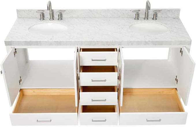 ARIEL Cambridge 72-inch Bathroom Vanity with Sink,Solid Wood, 2-inch Italian Carrara Marble Countertop & Backsplash, Double Oval Porcelain Sink, 4 Soft Closing Doors, 6 Dovetail Drawers, White