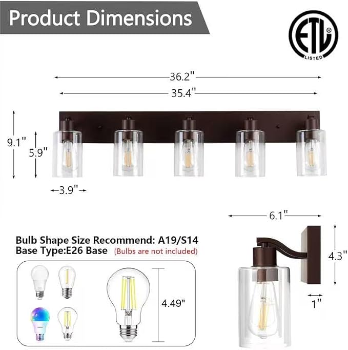 5 Lights Bathroom Light Fixtures Oil Rubbed Bronze Vanity Light with Clear Glass Shade 36in Modern Bathroom Lighting Fixtures Over Mirror for Bedroom/Living Room