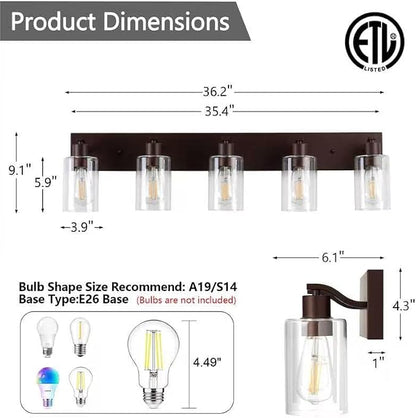 5 Lights Bathroom Light Fixtures Oil Rubbed Bronze Vanity Light with Clear Glass Shade 36in Modern Bathroom Lighting Fixtures Over Mirror for Bedroom/Living Room