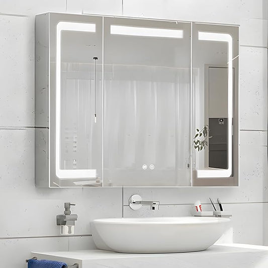 Stainless Steel LED Medicine Cabinet,Bathroom Mirror Cabinet with Light,3 Color,Dimmable,Equipped with Defogger,USB Shavor Socket,Internal Light,36×32 Inch