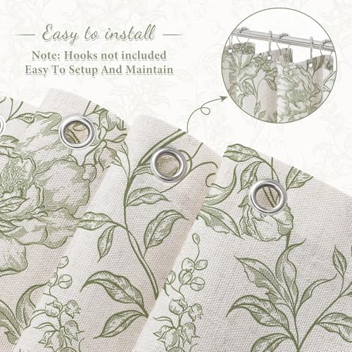 Sage Boho Linen Fabric Shower Curtain , Farmhouse Floral For Bathroom