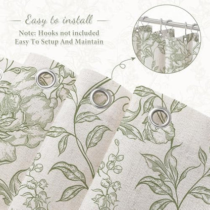 Sage Boho Linen Fabric Shower Curtain , Farmhouse Floral For Bathroom