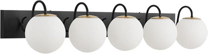 5 Lights Vintage Bathroom Vanity Light Fixtures Over Mirror, Matte Black Vanity Lights For Bathroom With Milk White Glass Globe Shade, Wall Lights For Bedroom, Hallway, Dressing Table(Includ G9 Bulbs)
