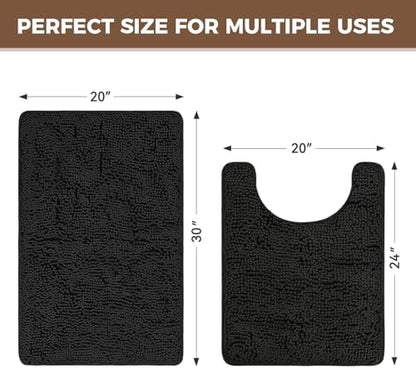 Bcoimo U Shaped Bath Rug Mat Set,2 Piece Chenille Black Toilet Bathroom Rug