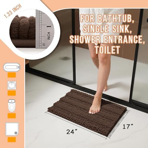 Yimobra Bathroom Rug Mat, Non Slip and Super Absorbent Bath Mat, Machine Washable Quick Dry, Ultra Plush Chenille Shower Rugs for Bathroom Floor Sink Tub and Shower Outside, Brown, 24 x 17