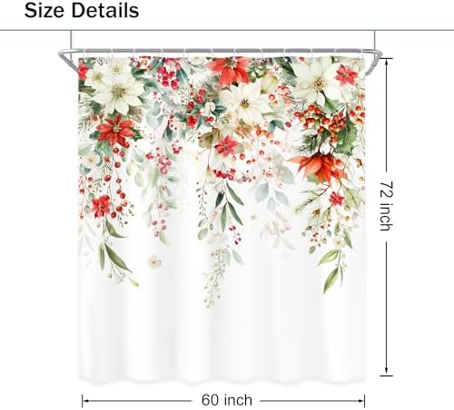 Christmas Red Floral White Xmars Poinsettias Bathroom Shower Curtain Set