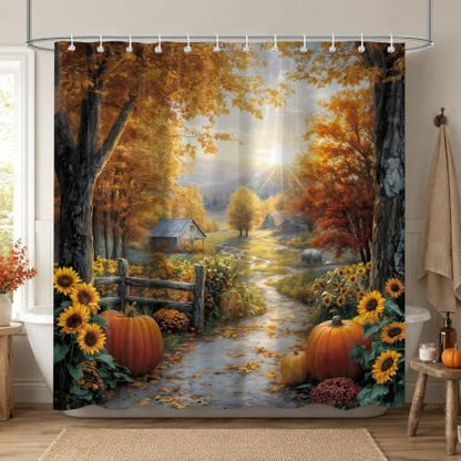 Autumn Country Road Shower Curtain, 72 x 84 Inch Fall Landscape Bathroom Curtain with Pumpkins, Sunflowers, Trees and Farmhouse Path Decor