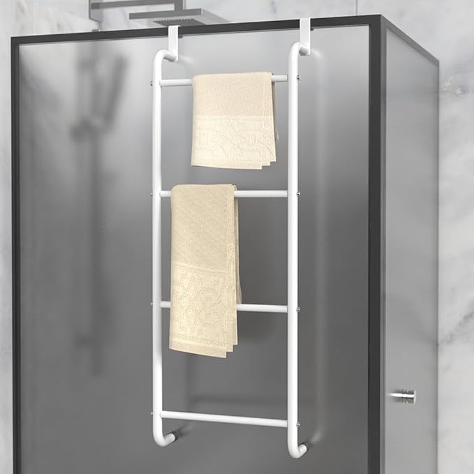 Over The Door Bathroom Hanging Organizer Shelf， Towel Rack for Bathroom, 4 Tier Towel Hanger for Glass Shower Wall or Shower Door (Frameless or Frame to 2") Stylish,White