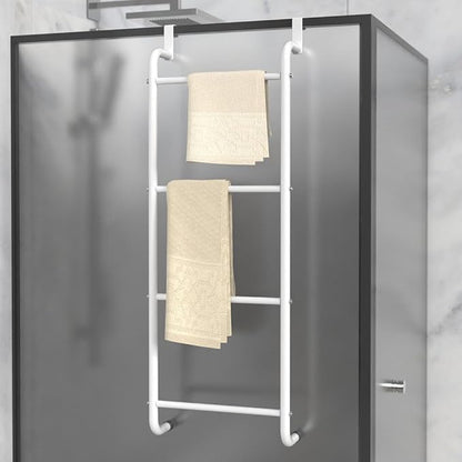 Over The Door Bathroom Hanging Organizer Shelf， Towel Rack for Bathroom, 4 Tier Towel Hanger for Glass Shower Wall or Shower Door (Frameless or Frame to 2") Stylish,White