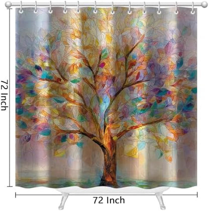 Moonslim Colorful Tree Shower Curtains, Stained Glass Trees Leaves Colored Seasons Fabric Shower Curtain Set Modern Aesthetic Bath Curtain for Bathroom Decor Waterproof Cloth with Hooks 72X72 Inch