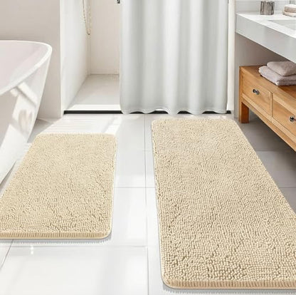 OLANLY Chenille Bathroom Rugs Mats Sets 2 Piece, 59"x20"+30"x20", Beige