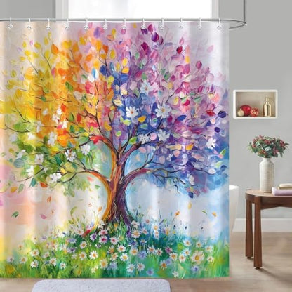 Watercolor Oil Painting Tree Shower Curtains, Colored Seasons Trees Floral Fabric Shower Curtain Set Colorful Abstract Aesthetic Bath Curtain for Bathroom Decor Waterproof Cloth with Hooks 72X84 Inch