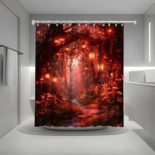 Fantasy Forest Path Shower Curtain Red Fairy Magical Enchanted Misty Jungle Mushroom Floral Tree Butterfly Lantern Wonderland Bath Curtain Fabric Bathroom Accessories Decor with Hooks 70W x90L