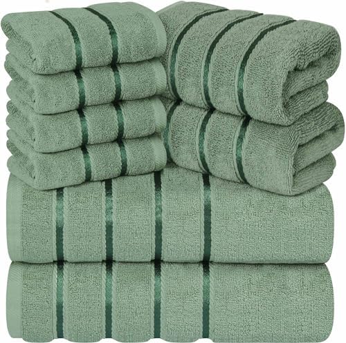 Luxury Towels for Bathroom Set of 8-2 Bath Towels 2 Hand Towels 4 Washcloths - 600 GSM 100% Cotton Ring Spun Viscose Border Towels Set - Sage Green