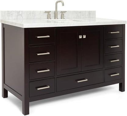 ARIEL Cambridge 54-inch Bathroom Vanity with Sink,Solid Wood, 1.5-inch Italian Carrara Marble Countertop, Single Rectangular Porcelain Sink, 2 Soft Closing Doors, 9 Dovetail Drawers, Espresso