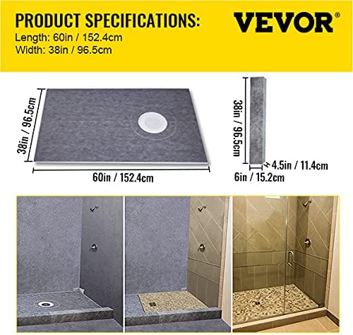 VEVOR Shower Curb Kit 38" x 60" Watertight Shower Curb Overlay with 4" PVC Offset Bonding Flange, 4" Stainless Steel Grate, 2 Cuttable Shower Curb and Trowel, Shower Pan Slope Sticks Fit for Bathroom