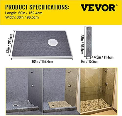 VEVOR Shower Curb Kit 38" x 60" Watertight Shower Curb Overlay with 4" PVC Offset Bonding Flange, 4" Stainless Steel Grate, 2 Cuttable Shower Curb and Trowel, Shower Pan Slope Sticks Fit for Bathroom